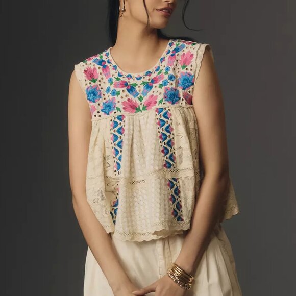 Anthropologie Tops - NWOT Anthropologie Let Me Be Sleeveless Embroidered Babydoll Blouse Blue Motif M